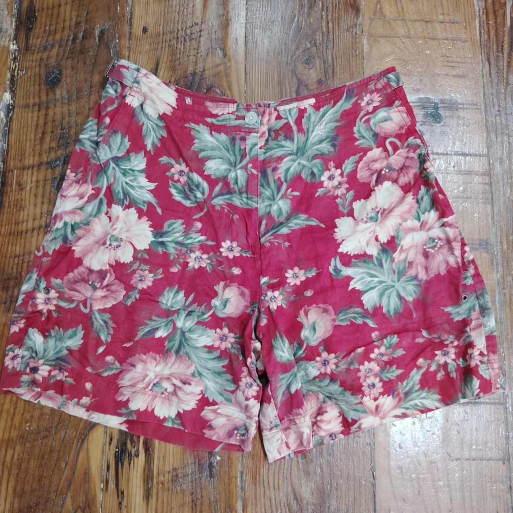 VTG Lauren Ralph Lauren Red Floral 100% Linen Shorts Womens 8P High Rise Side
